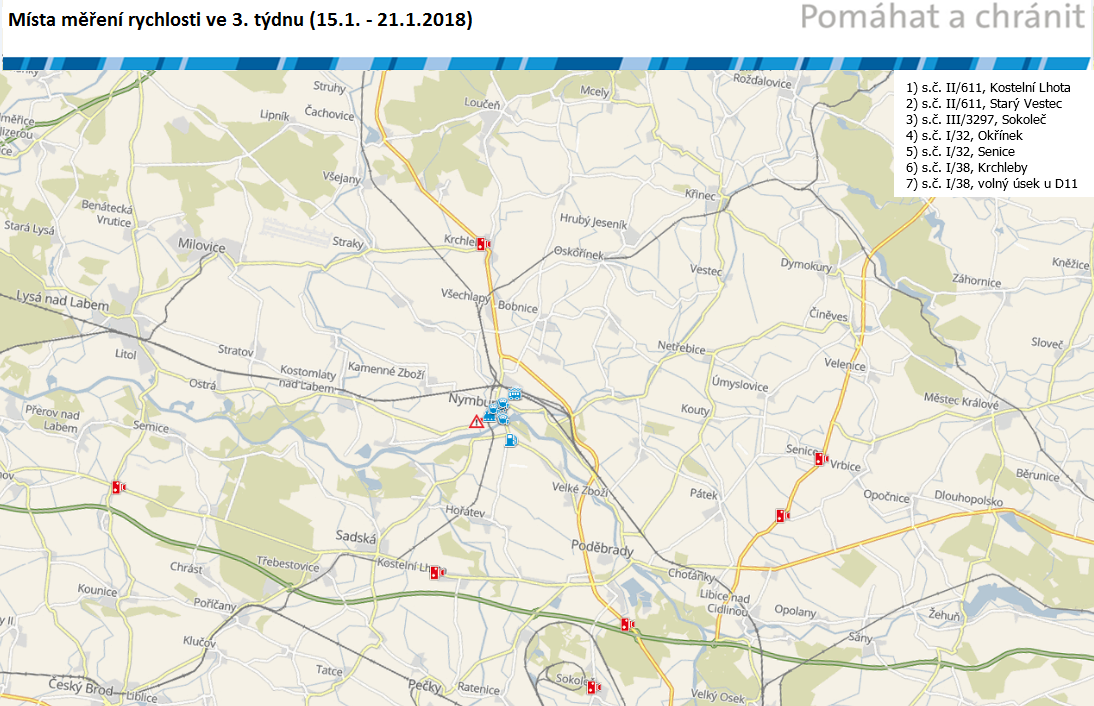 Mapa míst měření rychlosti na 3. týden